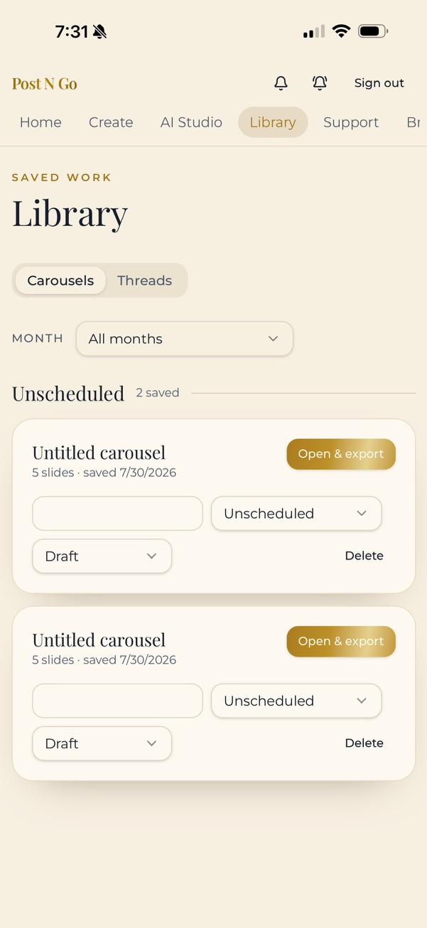 Carousel Queen library showing saved carousels grouped by month