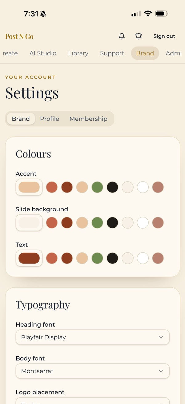 Carousel Queen brand settings with color and typography controls