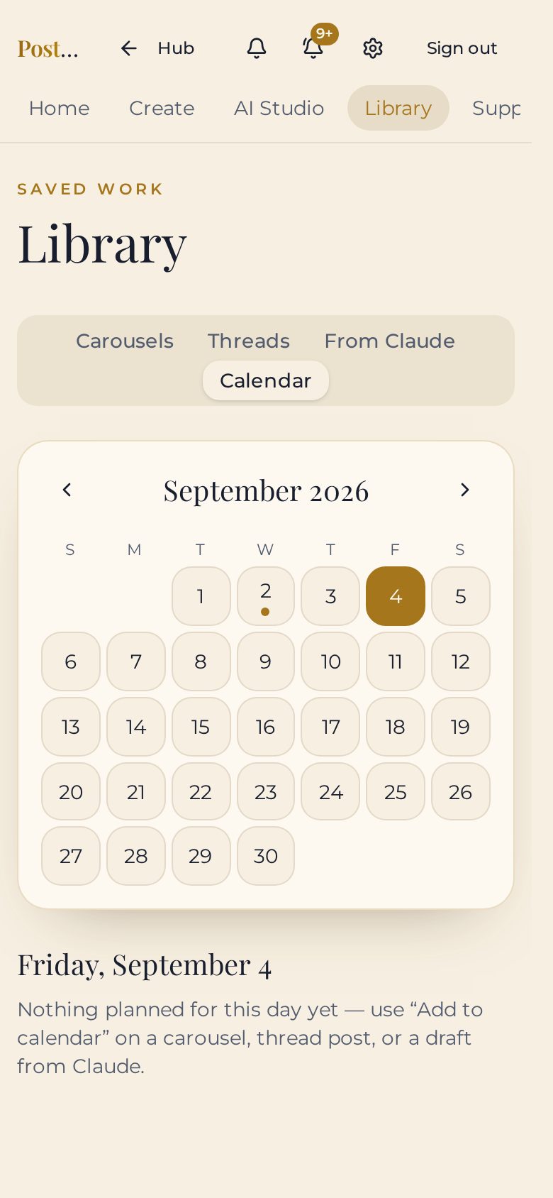 Carousel Queen content calendar with a scheduled post marked on the month view